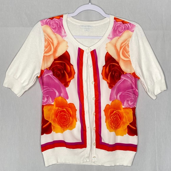 New York & Co Womens Cardigan Sweater Size Medium Silky Floral Front Knit Back - Picture 1 of 8